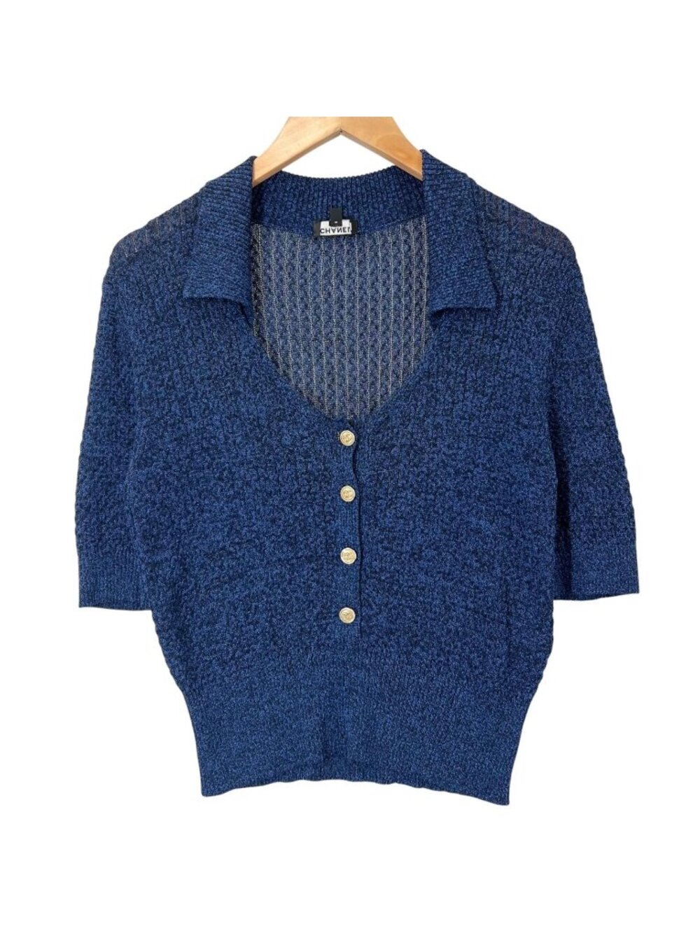 Chanel SS Short Sleeve Knit Silk Blue CC Logo Button Sweater 38